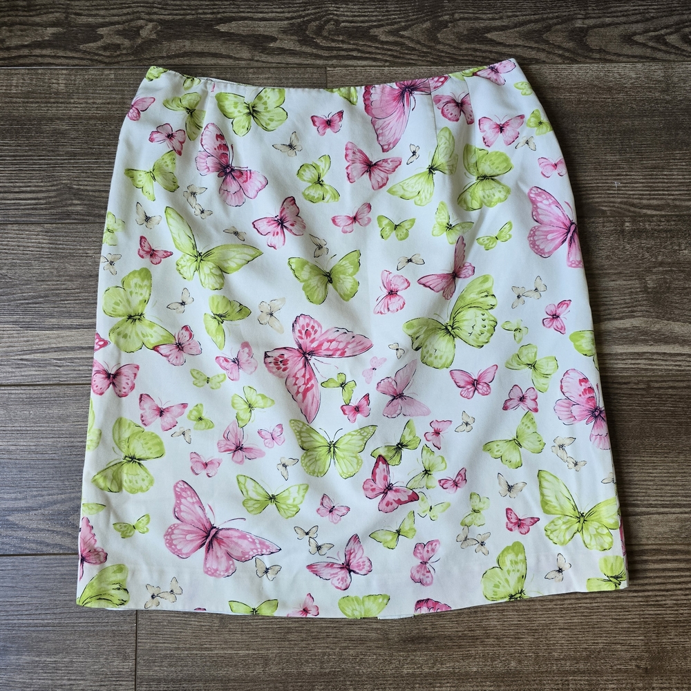 Talbots Skirt Womens 14 Pink Green Butterfly Silk Blend 90s Cottagecore Prairie